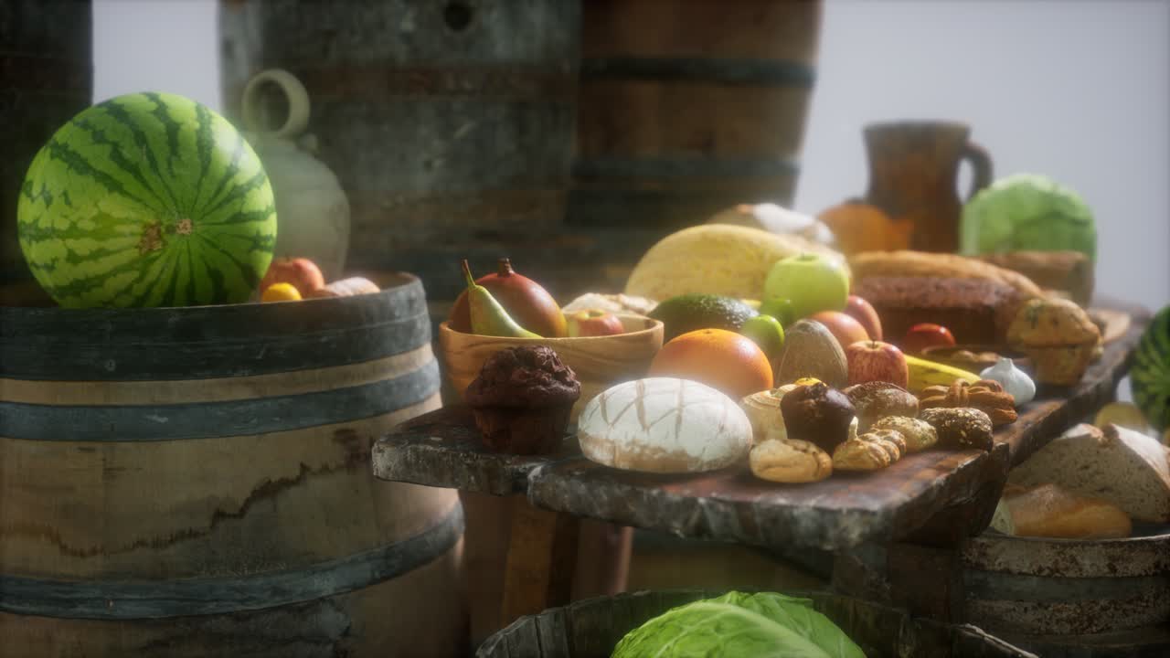 mesa de comida con barriles de vino y algunas frutas, verduras y pan
