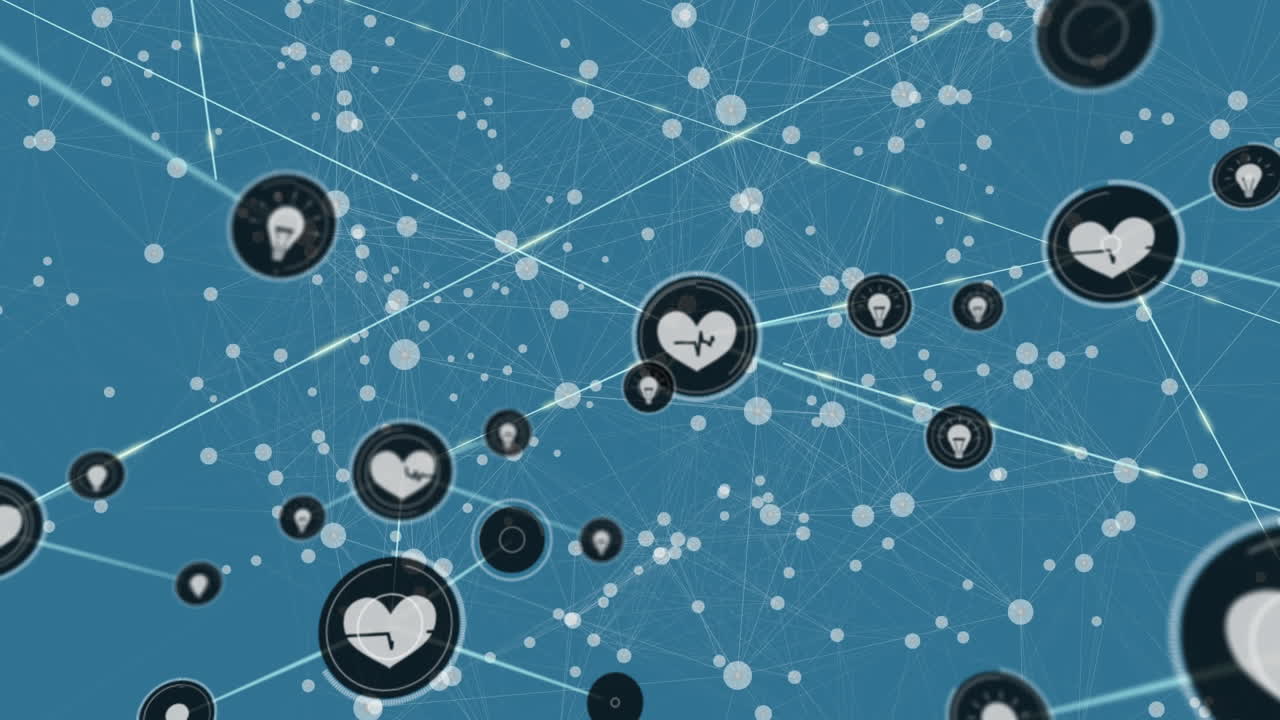 파란색 배경 위에 아이콘으로 연결 네트워크의 애니메이션