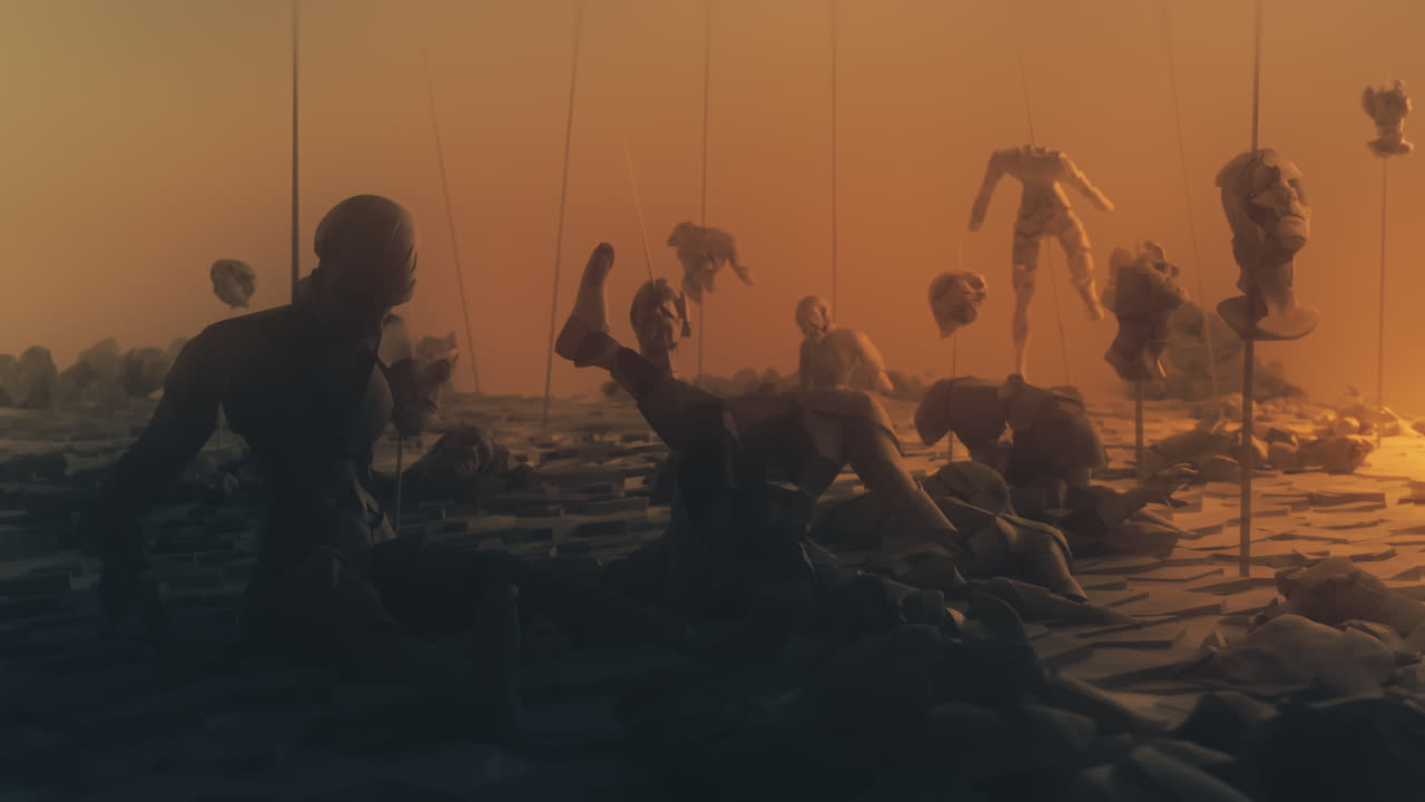 Destroyed andorids on a junkyard in yellow light