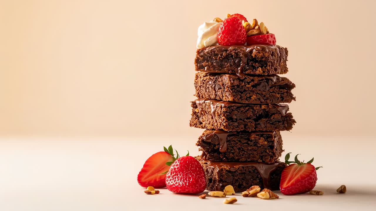 Mano fuori campo che aggiunge panna e fragole su una pila di cinque brownie sul tavolo per la preparazione finale