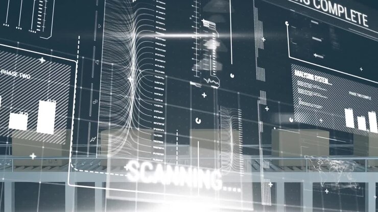Animation of financial data processing over cardboard boxes on conveyor belt