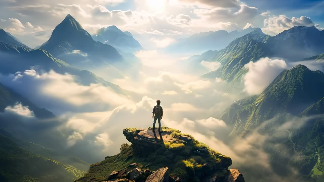 A person stands on a cliff edge, overlooking a vast, misty mountain landscape