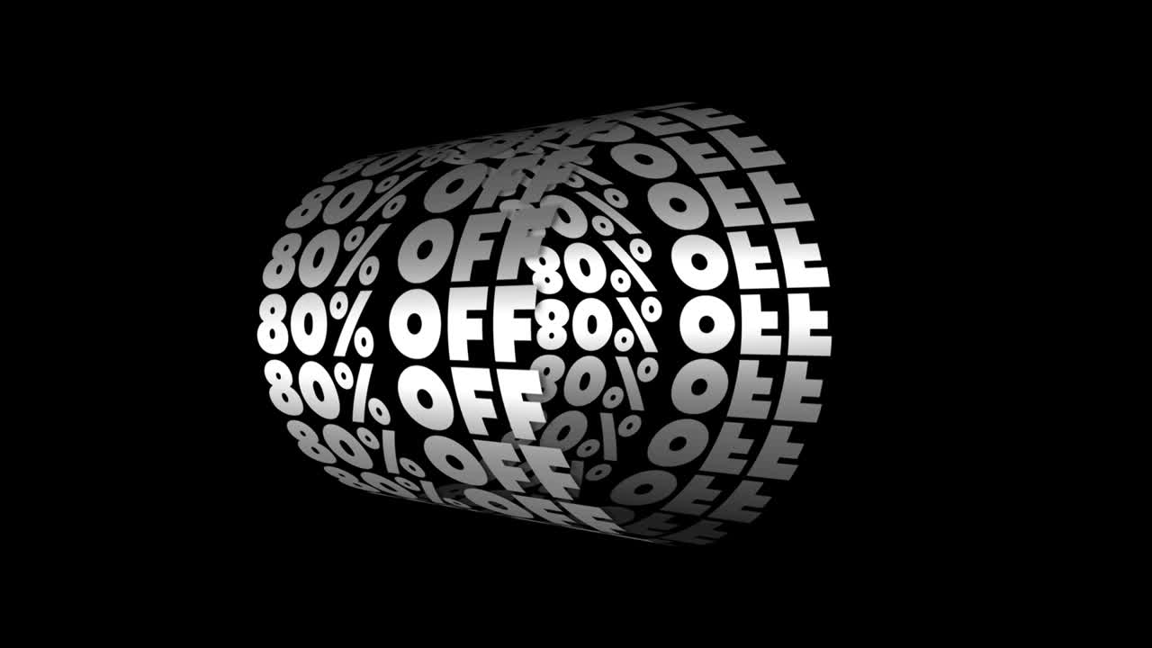 Saldi dell'80%. Animazione 3D in loop di tipografia cinetica. Banner animato pubblicitario. Saldi finali. Black Friday. Cyber Monday