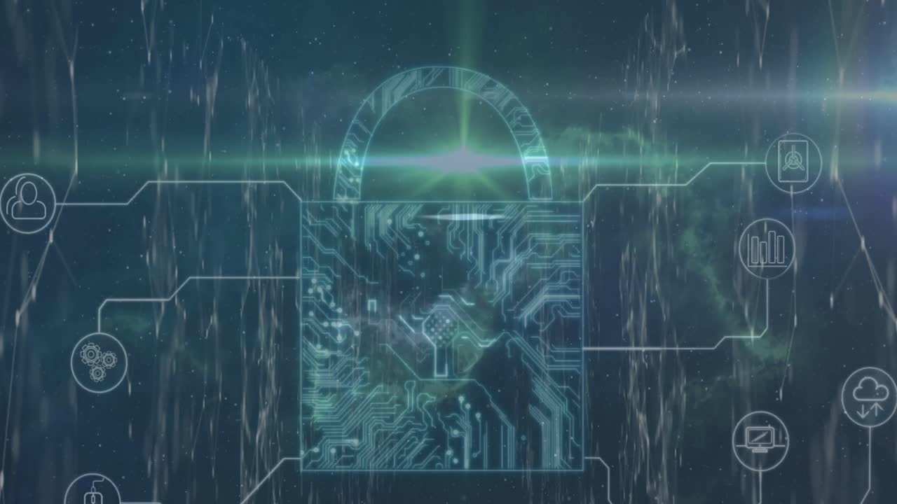 animación del icono del candado y la red de conexiones con iconos sobre fondo negro