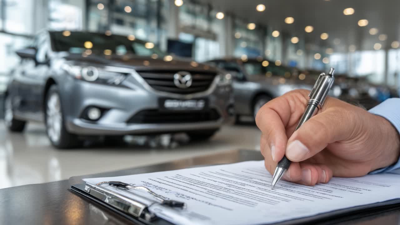 Un cliente che finalizza l'acquisto presso una concessionaria: firma il contratto con la nuova auto sullo sfondo, catturando l'emozione del momento.