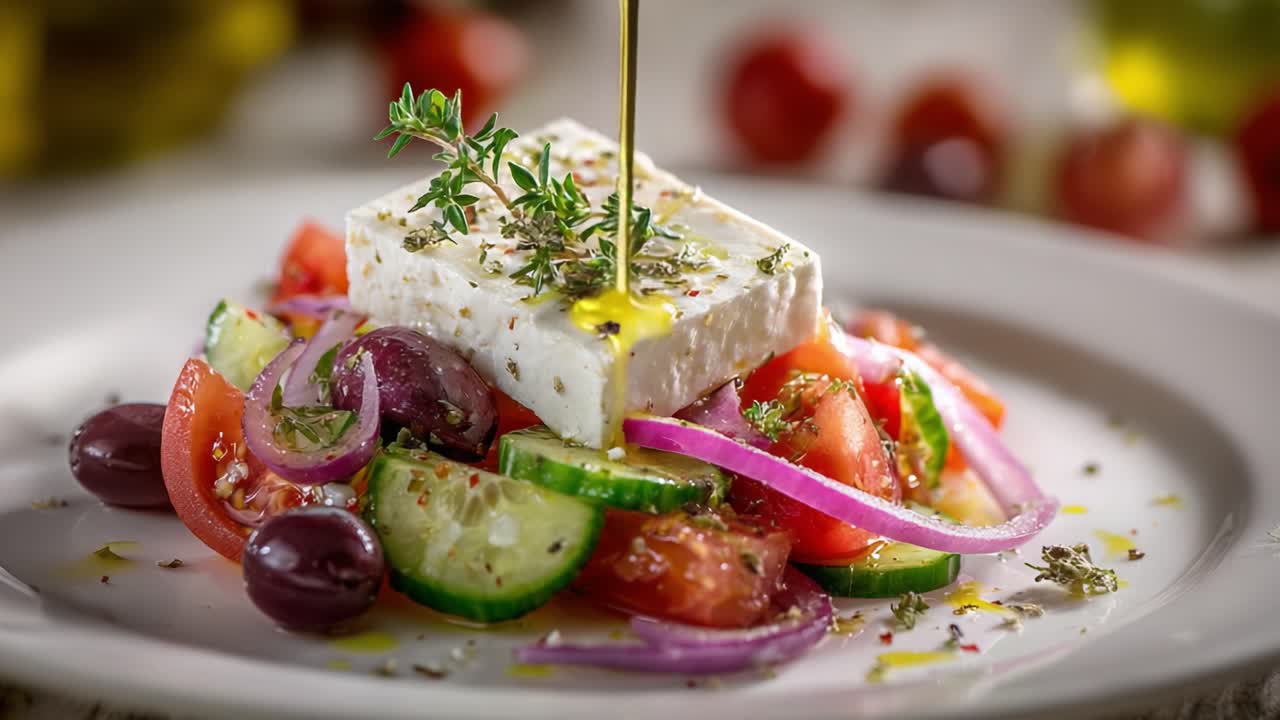 A Fresh and Colorful Salad with Feta Cheese, Cherry Tomatoes, Cucumbers, Red Onions, and Olives, Drizzled with Olive Oil and Garnished with Thyme for a Deliciously Vibrant Meal