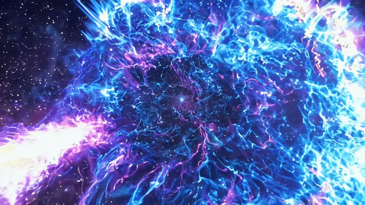 Energia cosmica blu e viola vibrante che vortica nello spazio
