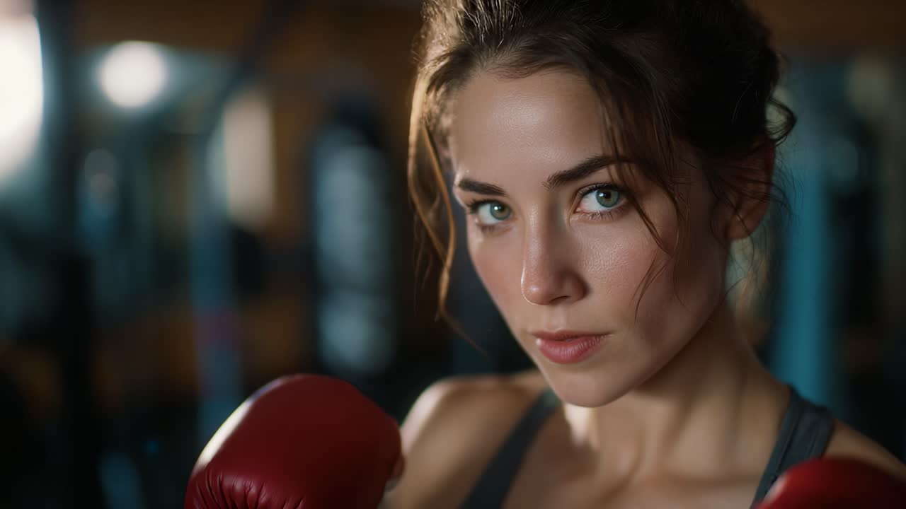 Intense Focus and Determination Captured in the Sophisticated World of Boxing: A Strong Female Fighter Preparing for the Next Round with Passion and Resolve