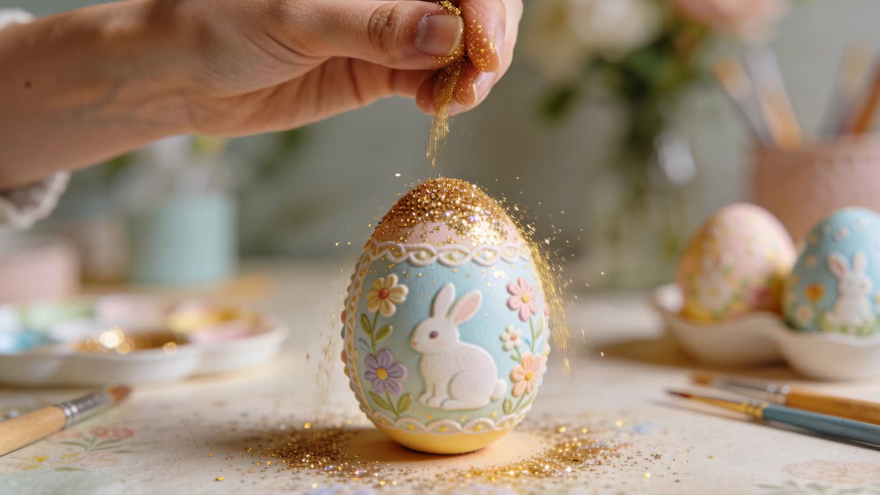Pinching hand with knit sleeve releasing gold glitter onto pastel egg on table, forming sparkly cap