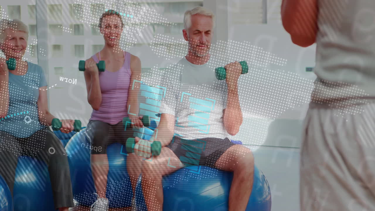 Fitness instructor guiding group doing bicep curls on blue balls with green dumbbells HUD overlay