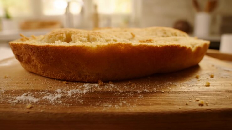 Low-angle close-up of thick bread slice resting on wooden cutting board inside sunlit domestic kitchen, with scattered crumbs, flour dust, warm highlights, soft blur, and rustic homemade food styling