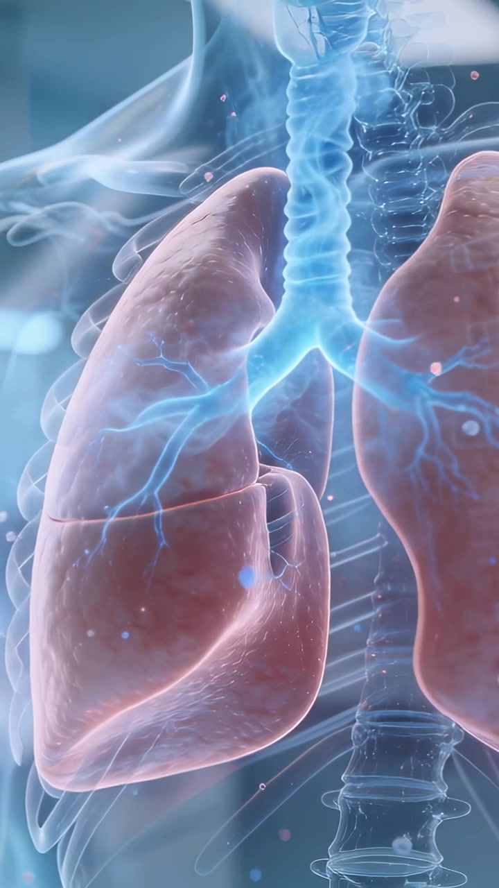Video verticale: Mostra polmoni che simulano l'inalazione con la trachea luminosa che illumina e guida il flusso d'aria.