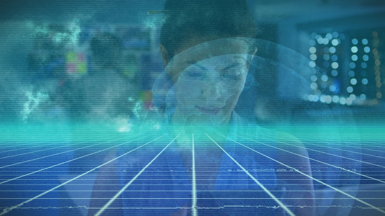 태블릿을 사용하는 사업가 여성에 대한 지구의 애니메이션과 데이터 처리