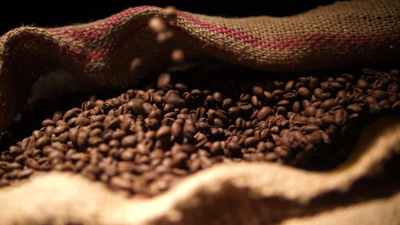 Mano che raccoglie chicchi di caffè tostati da un sacco di iuta