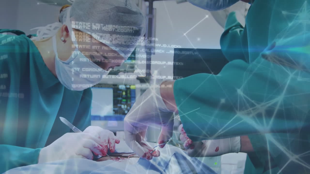 네트워크 및 데이터 처리의 애니메이션 - 백인 외과 의사들