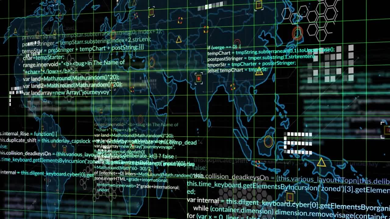 Animation of data processing and world map over grid network against black background