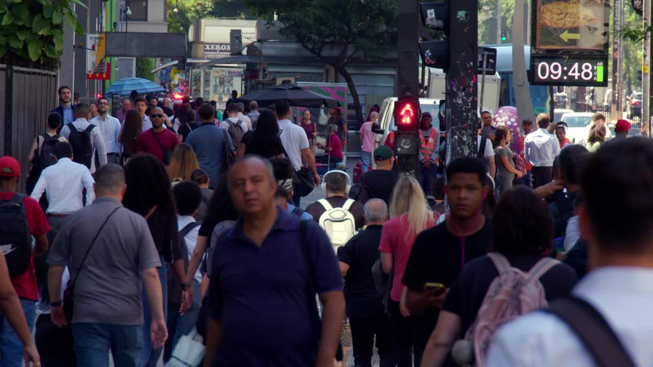 Congested city streets, pedestrians road crossing, urban travel
