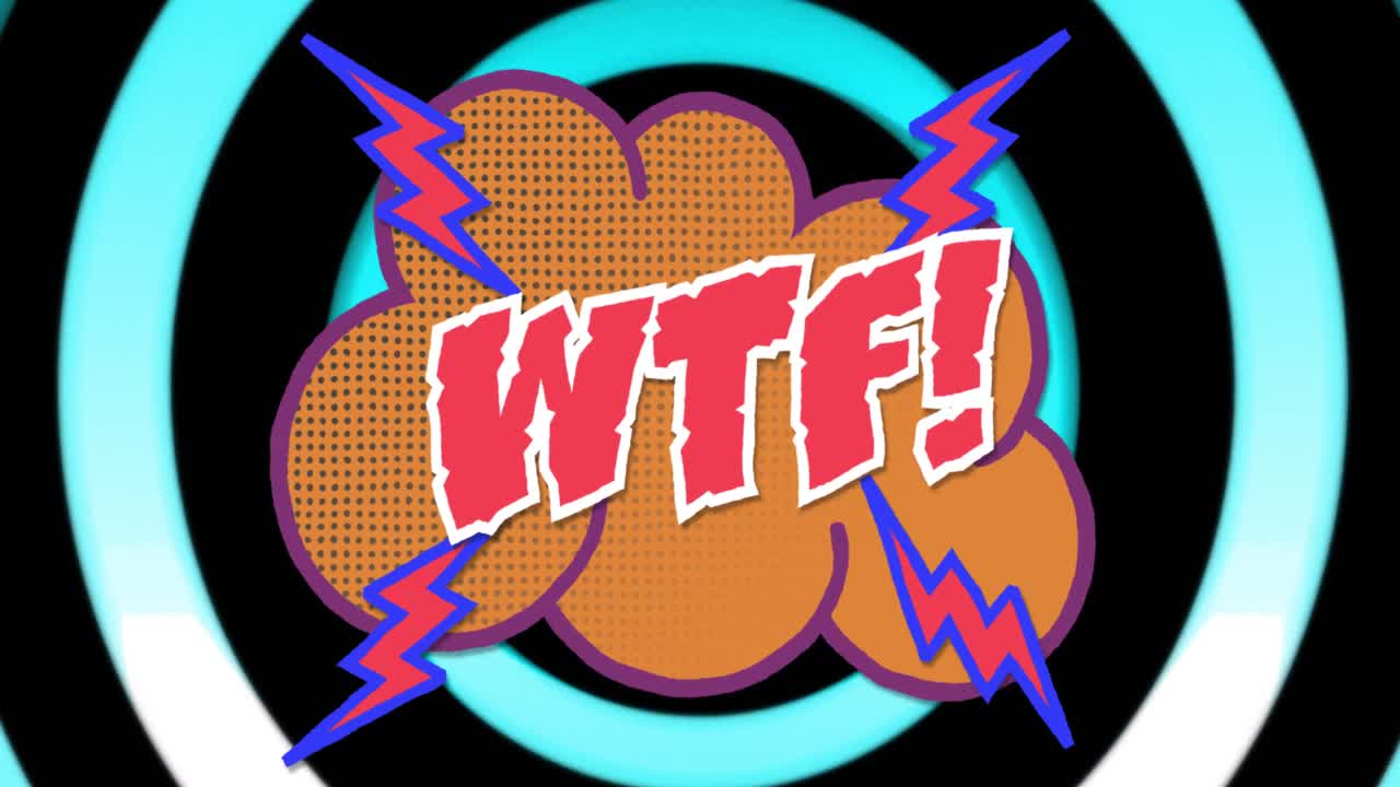 검은색 배경의 다채로운 원 위에 wtf 텍스트의 애니메이션