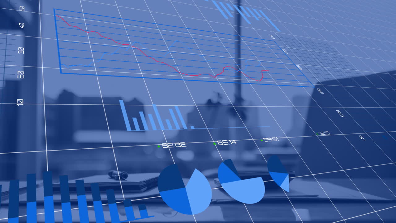 Animering av bearbetning av statistisk data mot en närbild av ett skrivbord på ett kontor