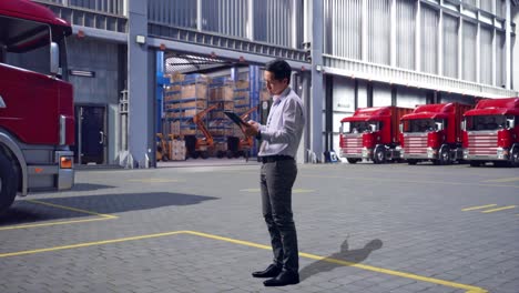 full body side view of an asian male professional worker standing with his tablet, outside of logistics distributions warehouse, he is nodding his head with dissapionted