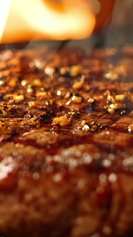 a piece of meat is on a grill, with a lot of seasoning on it. concept of anticipation and excitement for the delicious meal to come