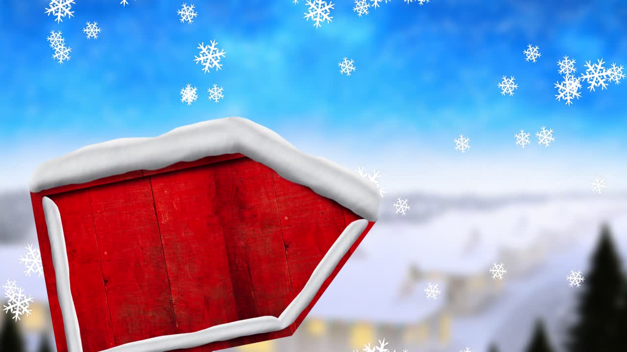 겨울 풍경을 배경으로  ⁇ 은 나무 표지판 위에 내리는 눈의 디지털 애니메이션