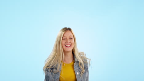 Happy,-woman-and-whip-hair-in-studio-isolated