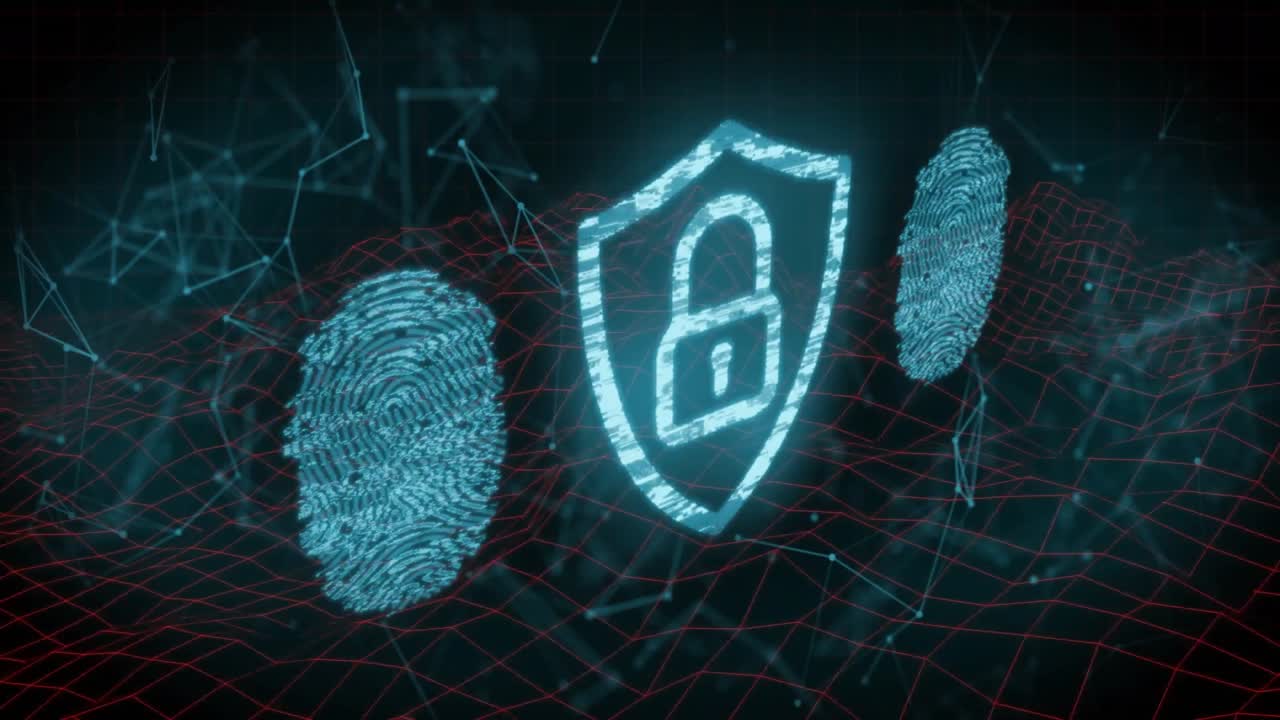 3D digital space initializing forming fingerprints and shield rotating symbolizing secure identity