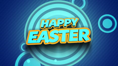 happy easter cartoon text with circles pattern on blue texture