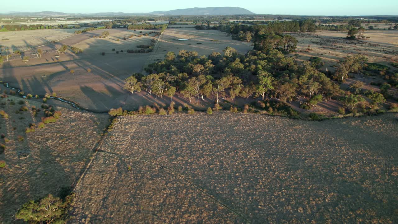 Aerial view of landscape near Tylden with Mount Macedon in the distance, Victoria, Australia. March 2025.