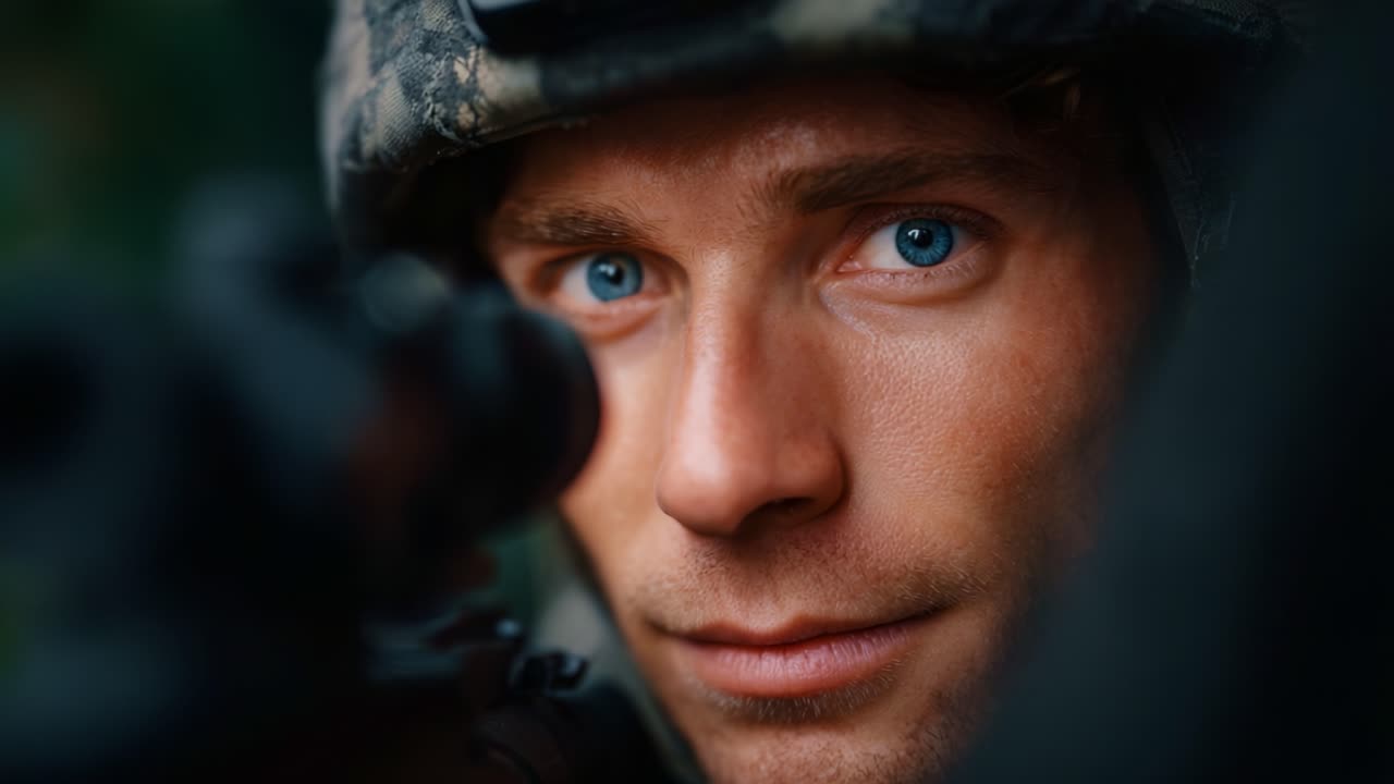 Konzentrierter Soldat zielt präzise und zeigt intensive Entschlossenheit und Klarheit in der Hitze des Gefechts, bereit, sich mit unerschütterlicher Entschlossenheit an einer entscheidenden Mission zu beteiligen