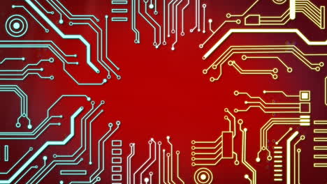 Animation-of-circuit-board-and-digital-data-processing-over-red-background