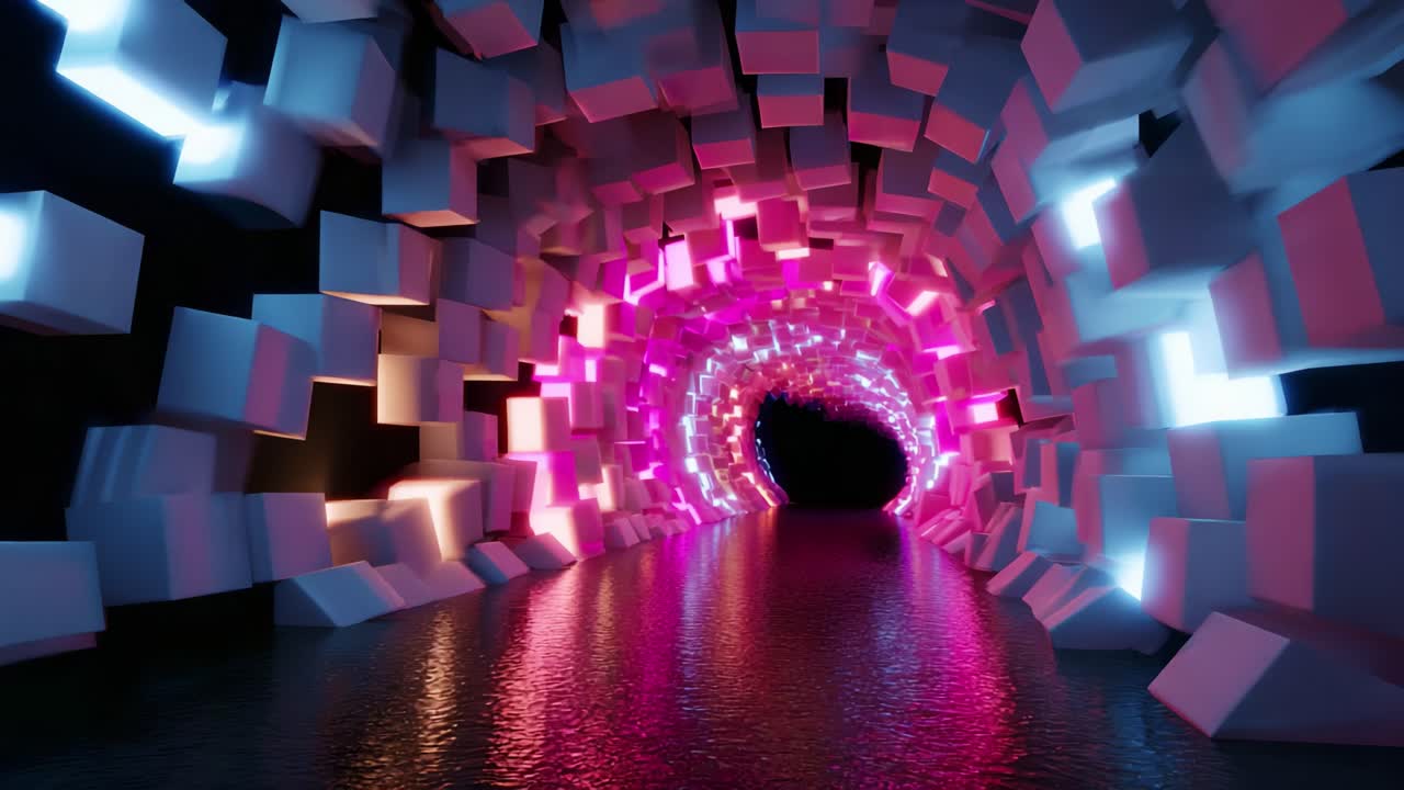 An enchanting visualization of a vibrant tunnel adorned with glowing cubes, blending shades of pink and blue, creating a surreal and immersive journey through a captivating digital landscape