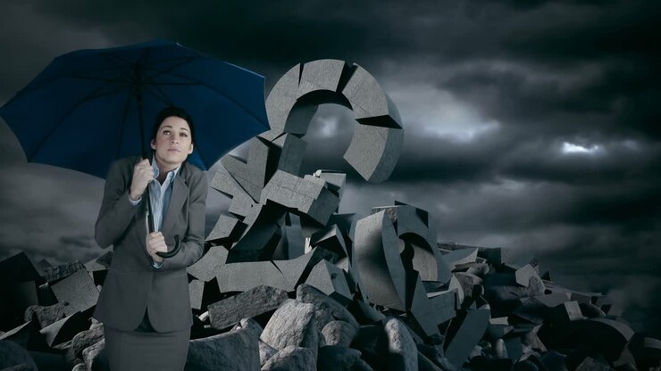 Businesswoman with umbrella standing against pound sing under stormy clouds