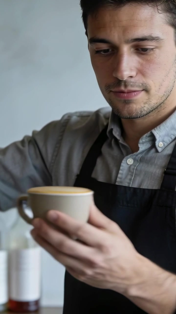 Video verticale: Barista con grembiule che si allunga per esaminare una tazza di latte macchiato dopo la versatura al bancone del bar, bottiglie di vetro.