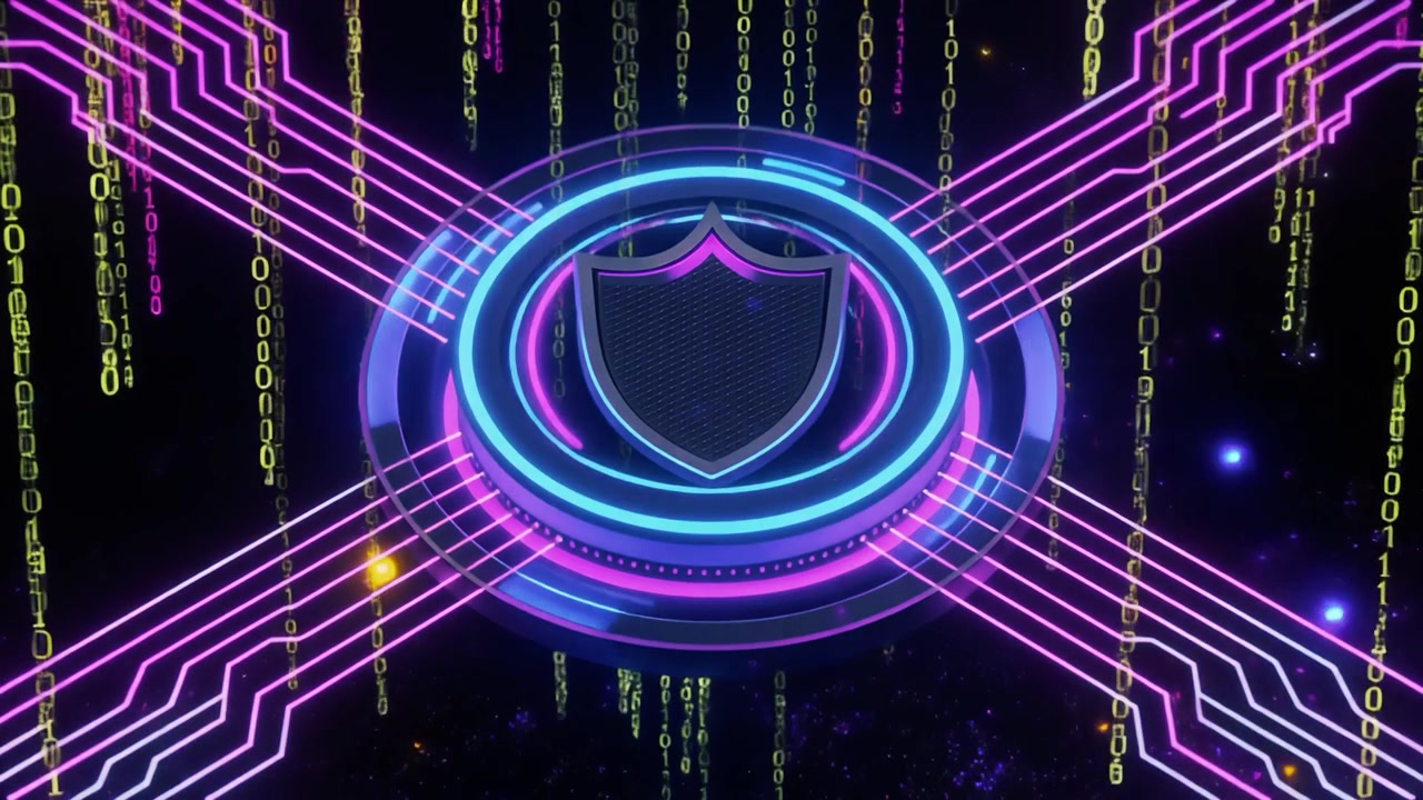 Digital Shield Icon with Glowing Circuitry and Binary Code Background