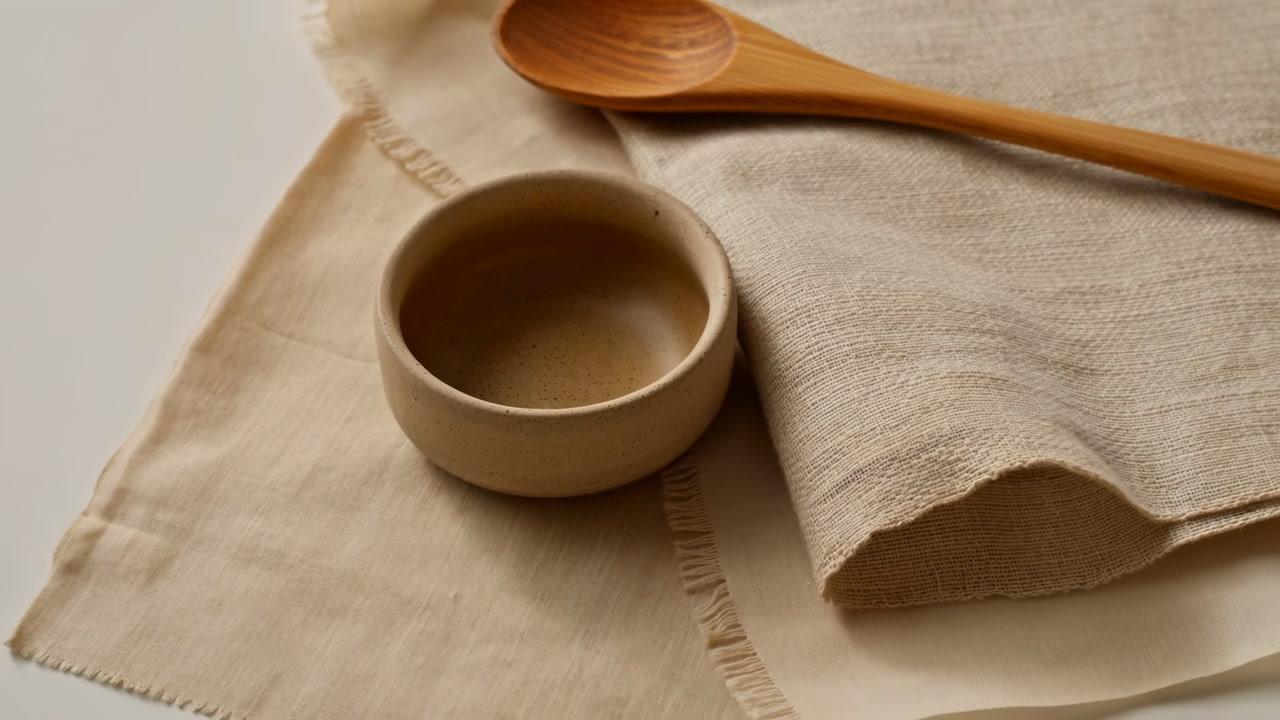 Minimalist Ceramic Bowl On Linen Cloth, Soft Beige Palette With Wooden Spoon, Handcrafted Pottery And Textured