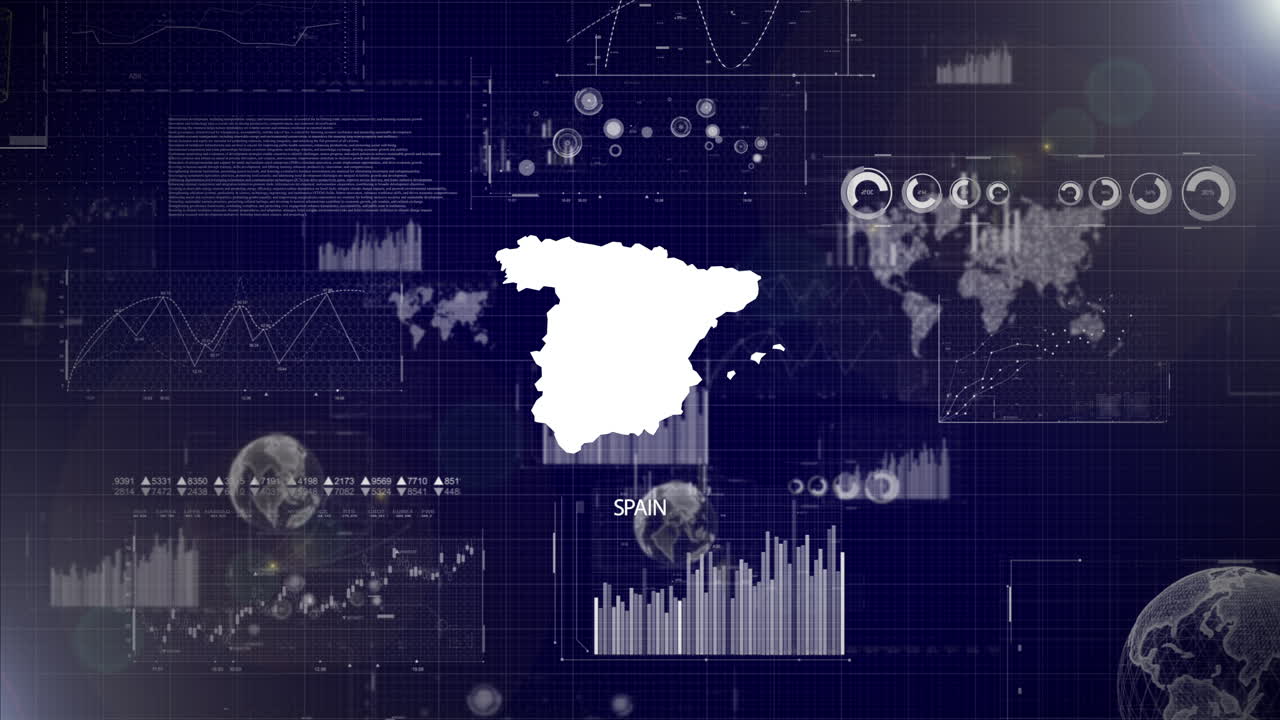 españa país antecedentes corporativos con elementos abstractos de gráficos de análisis de datos i mostrando análisis de datos video tecnológico con globo, crecimiento, gráficos, datos estadísticos de españa país
