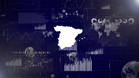 Antecedentes-Corporativos-Del-País-De-España-Con-Elementos-Abstractos-De-Gráficos-De-Análisis-De-Datos-Que-Muestran-Videos-Tecnológicos-De-Análisis-De-Datos-Con-Globo-Terráqueo,-Crecimiento,-Gráficos,-Datos-Estadísticos-Del-País-De-España