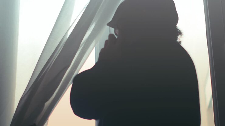 Persona al telefono che guarda fuori dalla finestra con umore pensieroso. Che chiama la polizia