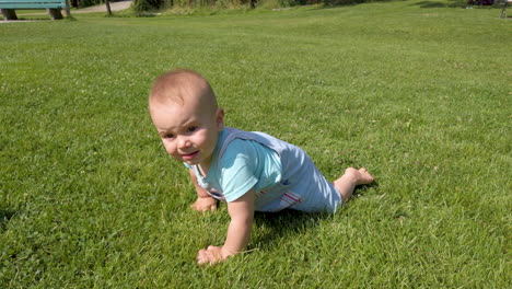 baby boy crawling through the grass on a warm, summer day