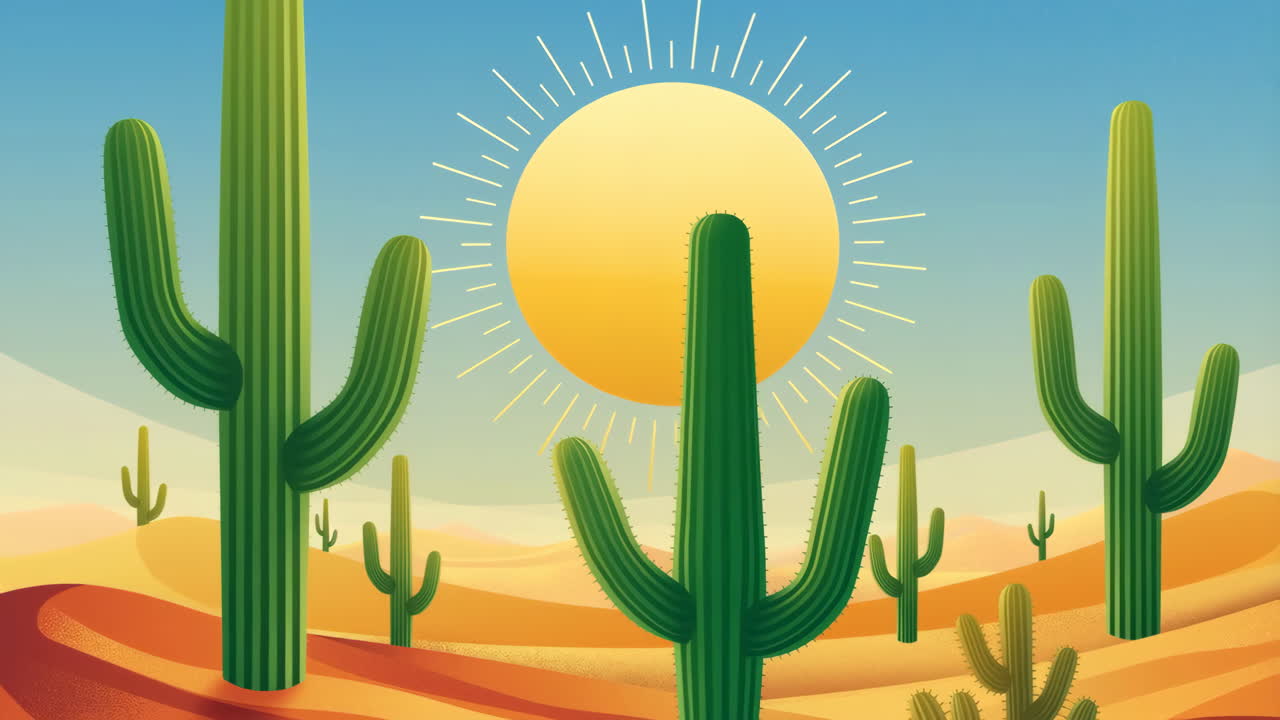 Illustrated Desert Landscape with Saguaro Cacti and Sun