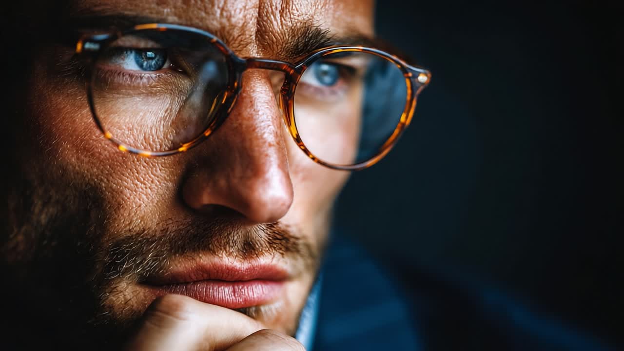 A Pensive Individual Deep in Thought, Showcasing Introspection and Contemplation with a Focus on Their Expressive Features and Stylish Eyewear in a Close-Up Frame