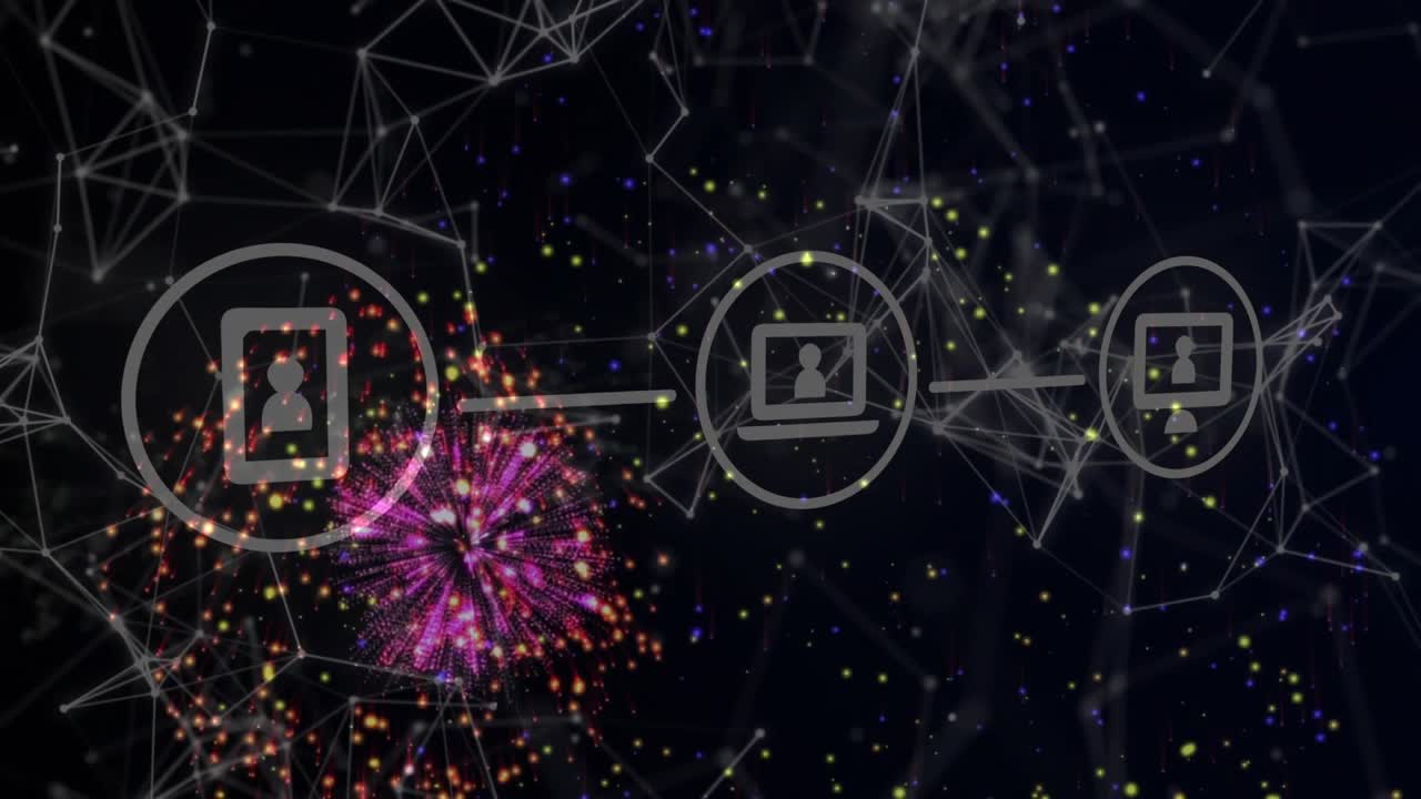 Particles bursting, three linked device icons forming chain, dots flowing, network showing data