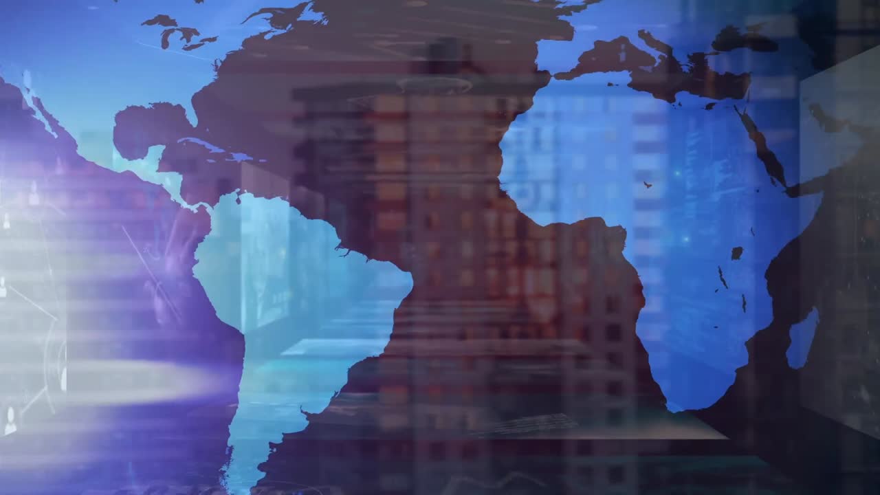 animación del mapa del mundo sobre el paisaje urbano