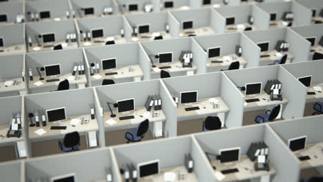 aerial view of the corporate open room with white, office cubicles and employees working in it. every contemporary cubicle has a similar design – the desk with computer, monitor, telephone and chair.