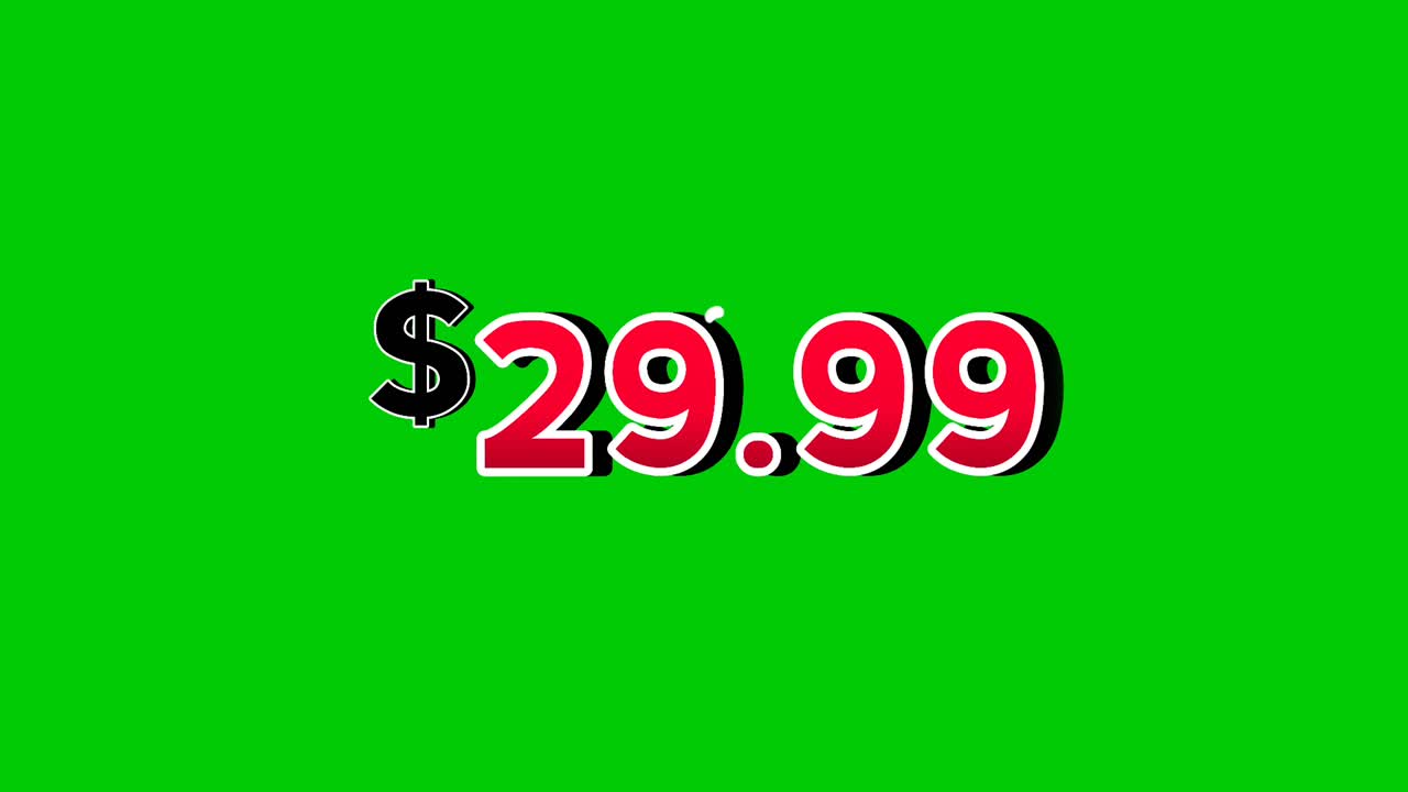 29.99 Dollars price tag animation motion graphics in bold red numbers on green screen background with smoke effects. dollar symbol is displayed prominently perfect promotions, ads, banners, marketing