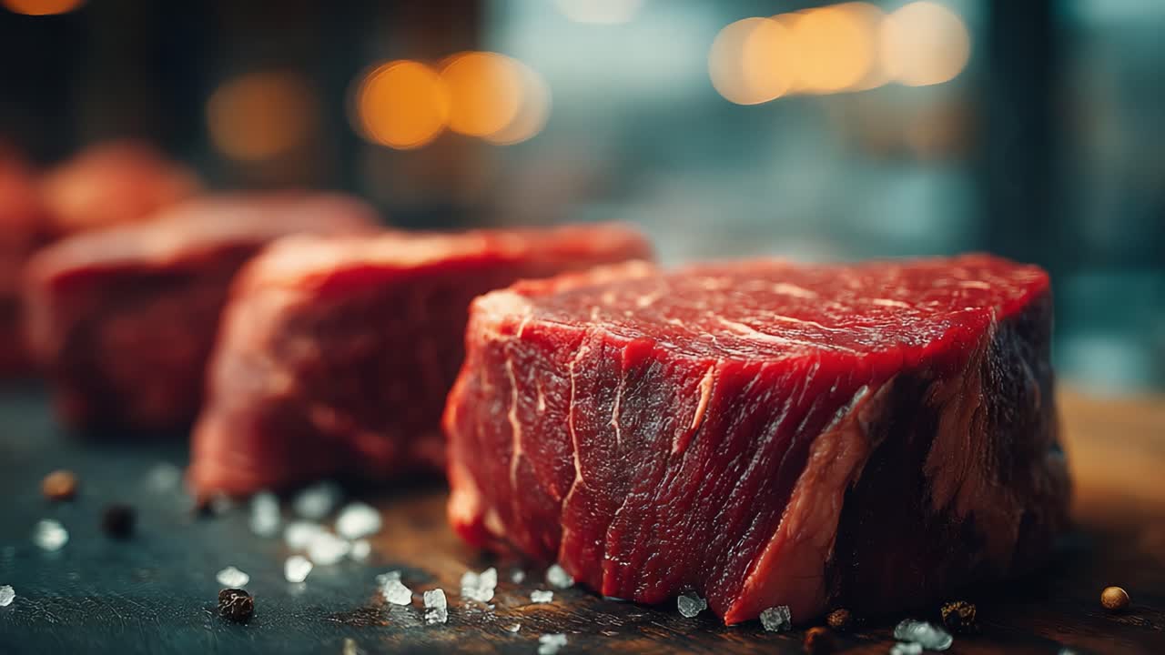 Juicy and Fresh Cuts of Red Meat Arranged on a Wooden Board, Showcasing Their Rich Color and Texture, Perfect for Grilling or Culinary Preparation