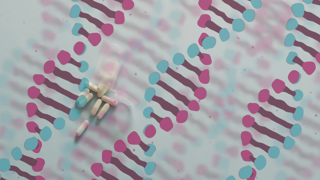 Animation of pink and blue dna strands over pills on white background