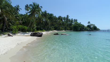 antena, drone disparó sobre el mar turquesa poco profundo, palmeras y una playa paradisíaca, en un día soleado, en koh kood, tailandia, asia